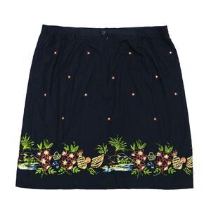Annex Casual Corner Skirt Sz 1X Black Midi Pull On Hawaiian Fruit Embroidered